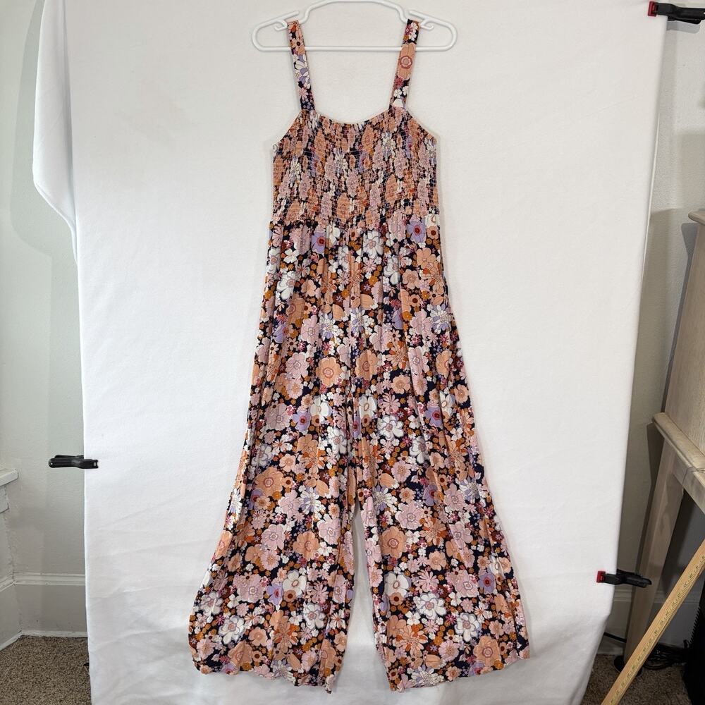 Women's Pink Floral Square Neck Smocked Sleeveless Wide-Leg Jumpsuit Size XL - Picture 8 of 10